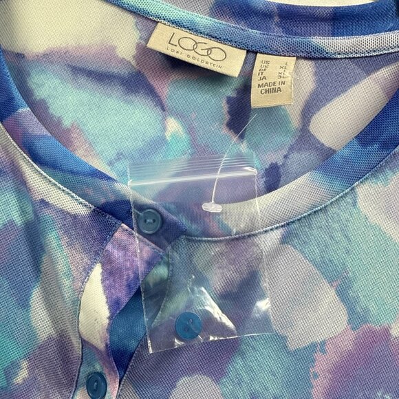LOGO Lori Goldstein Top Large Blouse Mesh Colorful Artsy Blue Purple Stretch - Picture 4 of 8